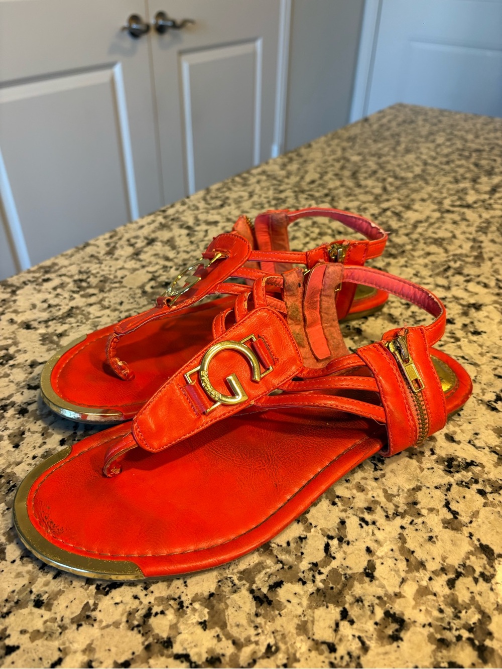 Guess Bright Orange Leather T-Strap Sandals with Gold G Hardware